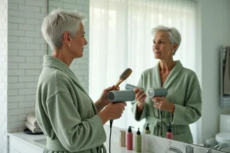 Femme âgée aux cheveux courts argentés se coiffant devant un miroir de salle de bain avec une brosse ronde et un sèche-cheveux