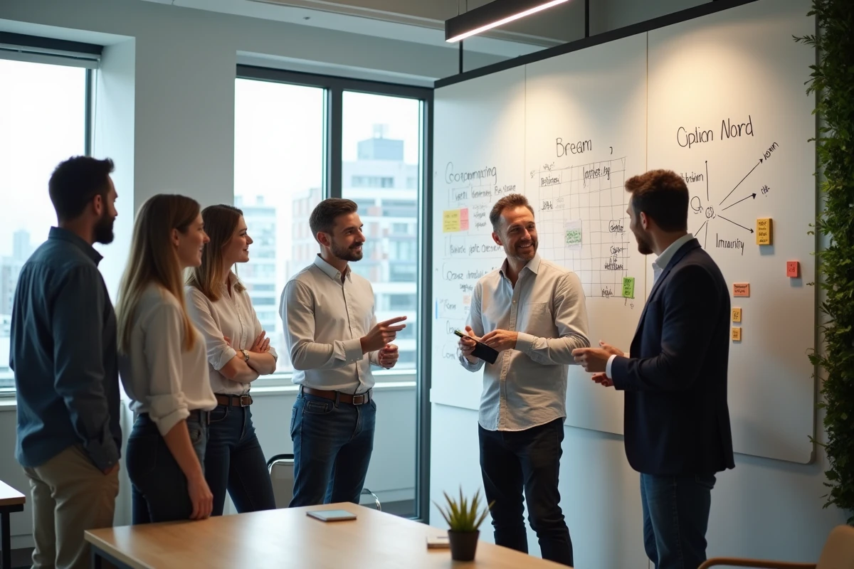 Groupe de collègues debout devant un tableau blanc rempli de mots et de flèches, construisant ensemble un texte collectif lors d'une retraite créative en entreprise