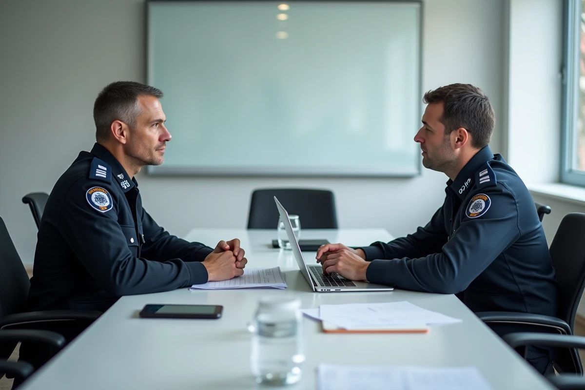 Gendarme et policier national en réunion comparant leurs droits à la retraite autour d'une table de conférence