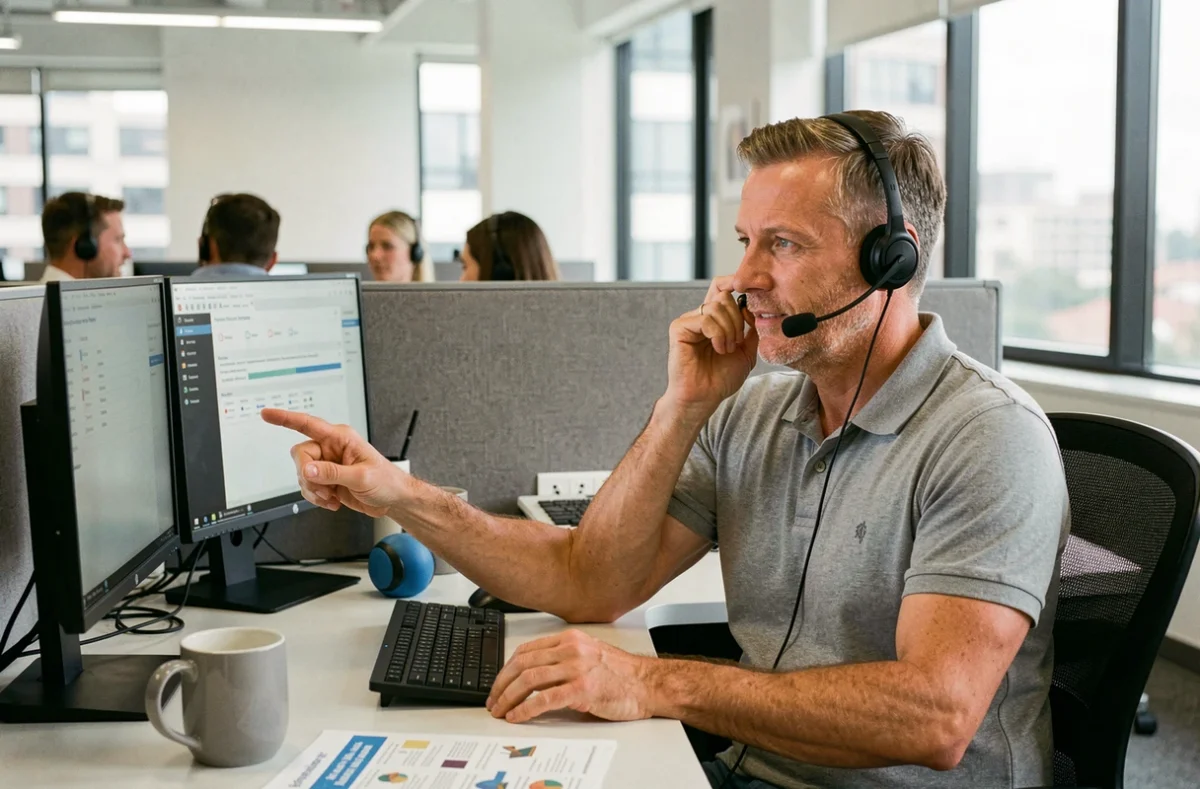 Conseiller d'assistance téléphonique aidant un utilisateur avec la connexion au logiciel Gestea Senior