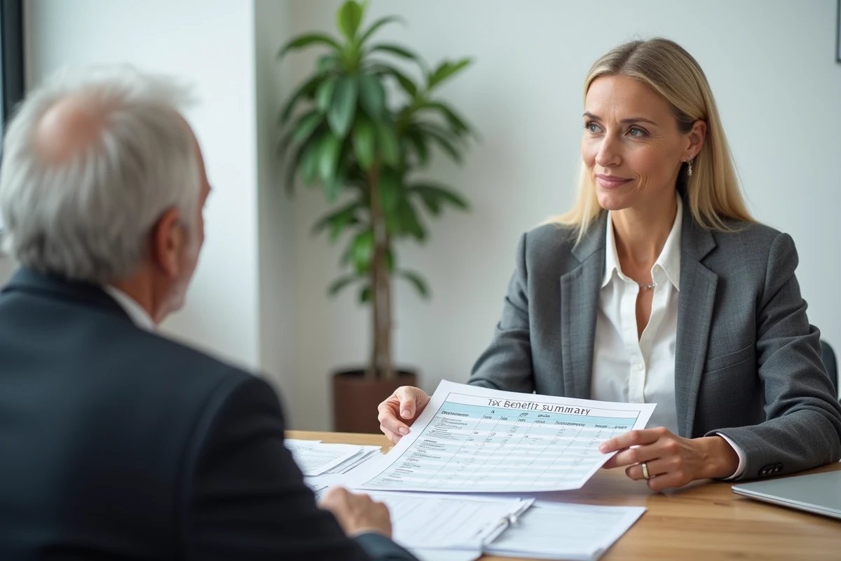 Conseillère financière expliquant les avantages fiscaux de la retraite mutualiste du combattant à un client âgé dans un bureau professionnel