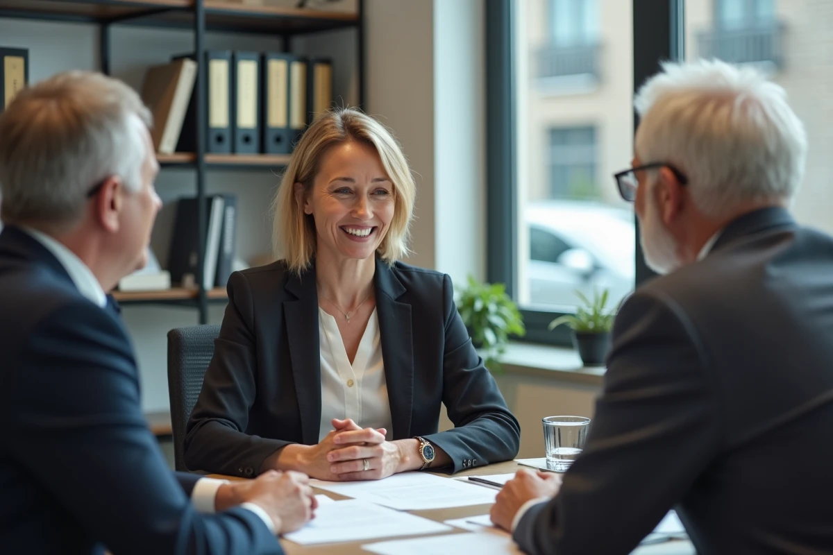 Conseillère financière discutant avec un couple retraité au bureau