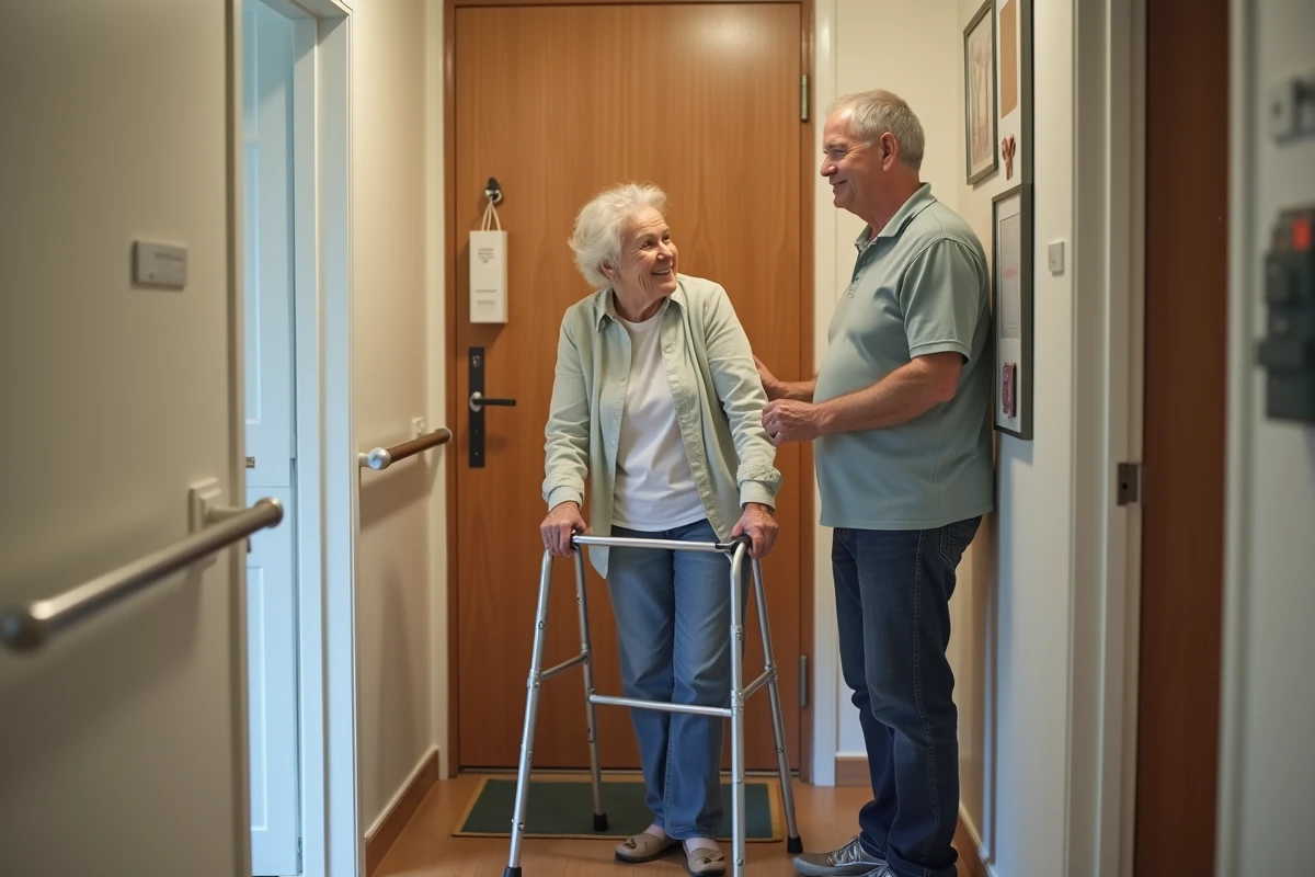 Couple âgé dans un couloir aménagé avec rampe et équipements d'aide à la mobilité pour le maintien à domicile