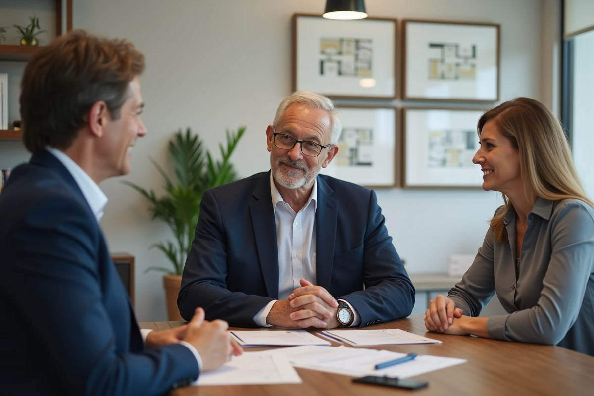 Couple rencontrant un conseiller de résidence senior pour vérifier les clauses du contrat