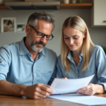 Couple d'adultes lisant des documents dans la cuisine
