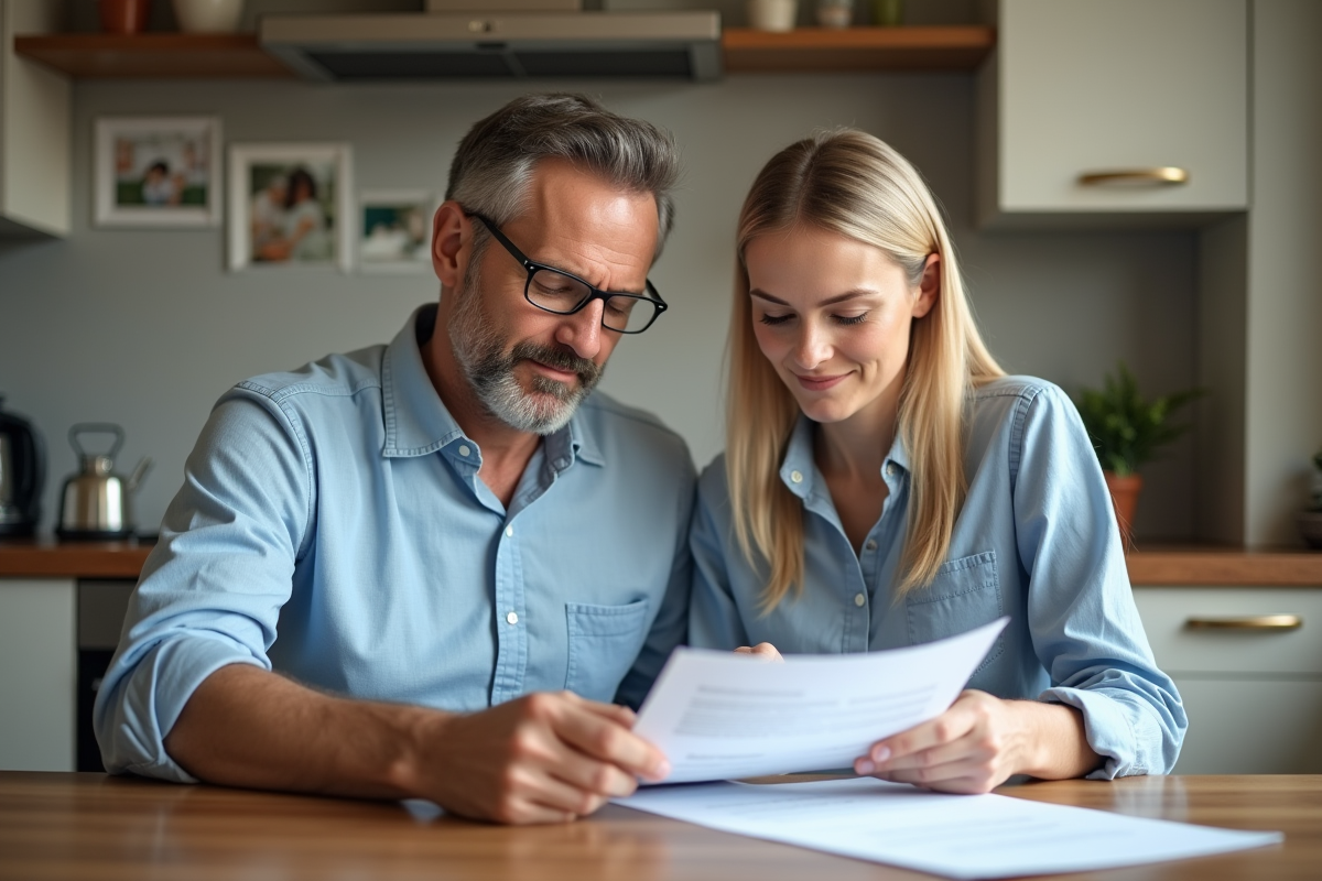 Couple d'adultes lisant des documents dans la cuisine