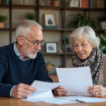 Couple retraité en train de revoir des papiers à table