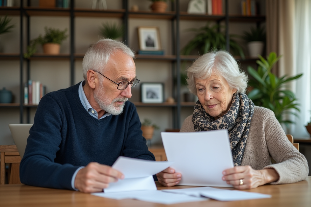 Couple retraité en train de revoir des papiers à table
