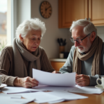 Couple retraité lisant des documents à la cuisine