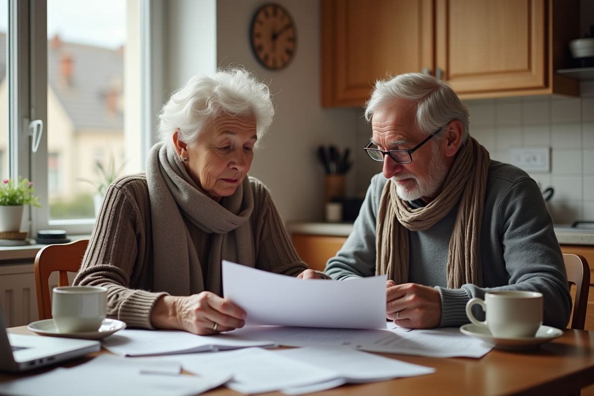 Couple retraité lisant des documents à la cuisine