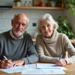 Couple de retraités examinant des papiers de pension à la maison