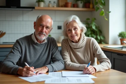 Couple de retraités examinant des papiers de pension à la maison