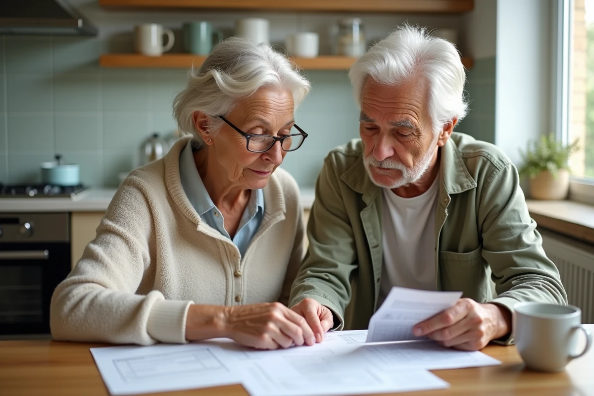 Couple de retraités passant en revue leur déclaration fiscale et les avantages de la retraite mutualiste des combattants à la table de leur cuisine