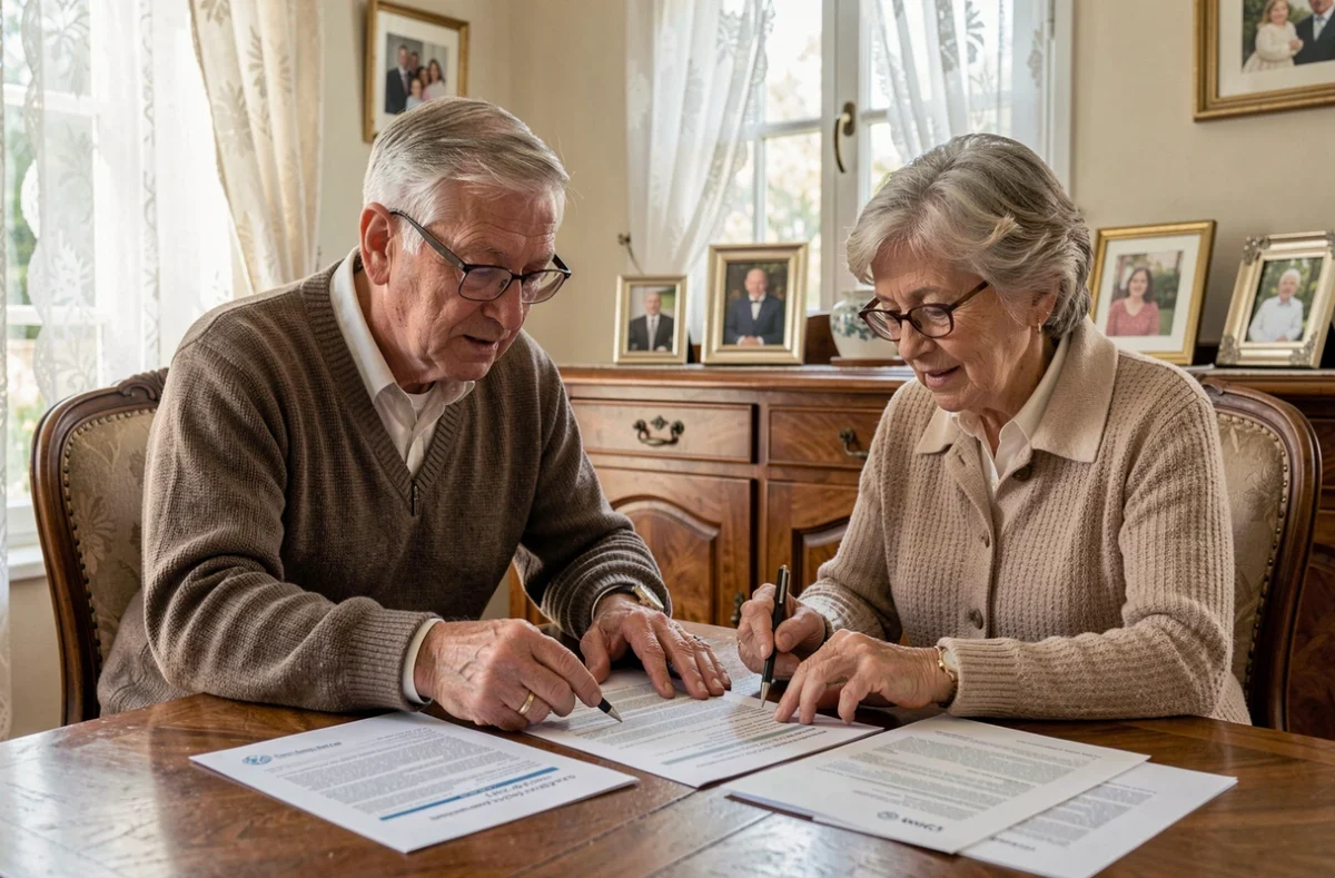 Couple de retraités examinant ensemble les documents nécessaires pour une première demande de retraite Agirc-Arrco