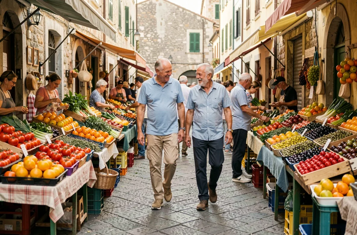 Couple de retraités faisant leurs courses au marché local dans une ville à climat doux et coût de vie abordable