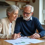 Couple de retraités consultant des documents de revalorisation de retraite complémentaire à la table de leur cuisine