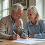 Couple senior pensant discutant de papiers à la maison