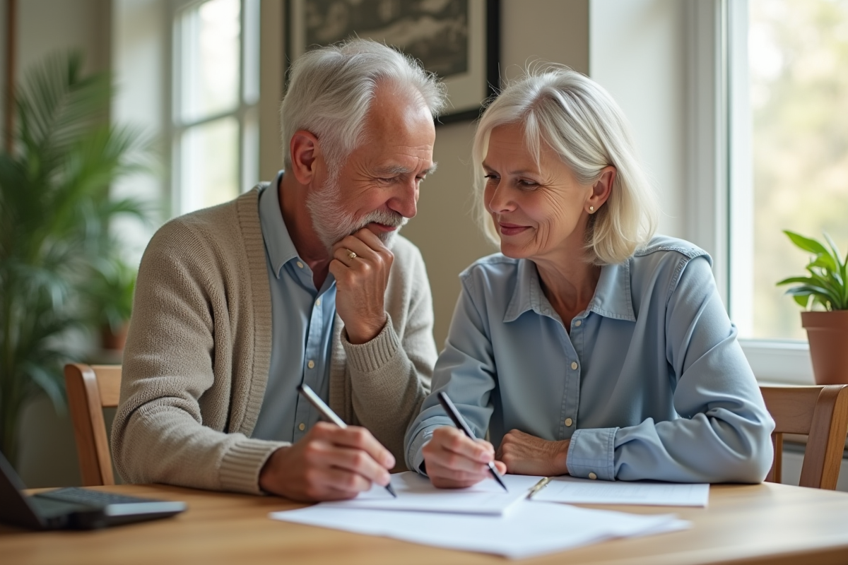 Couple senior pensant discutant de papiers à la maison