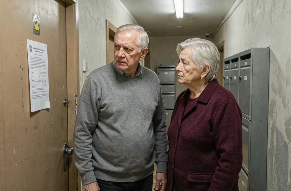 Couple de locataires seniors découvrant un avis de congé affiché sur la porte de leur appartement