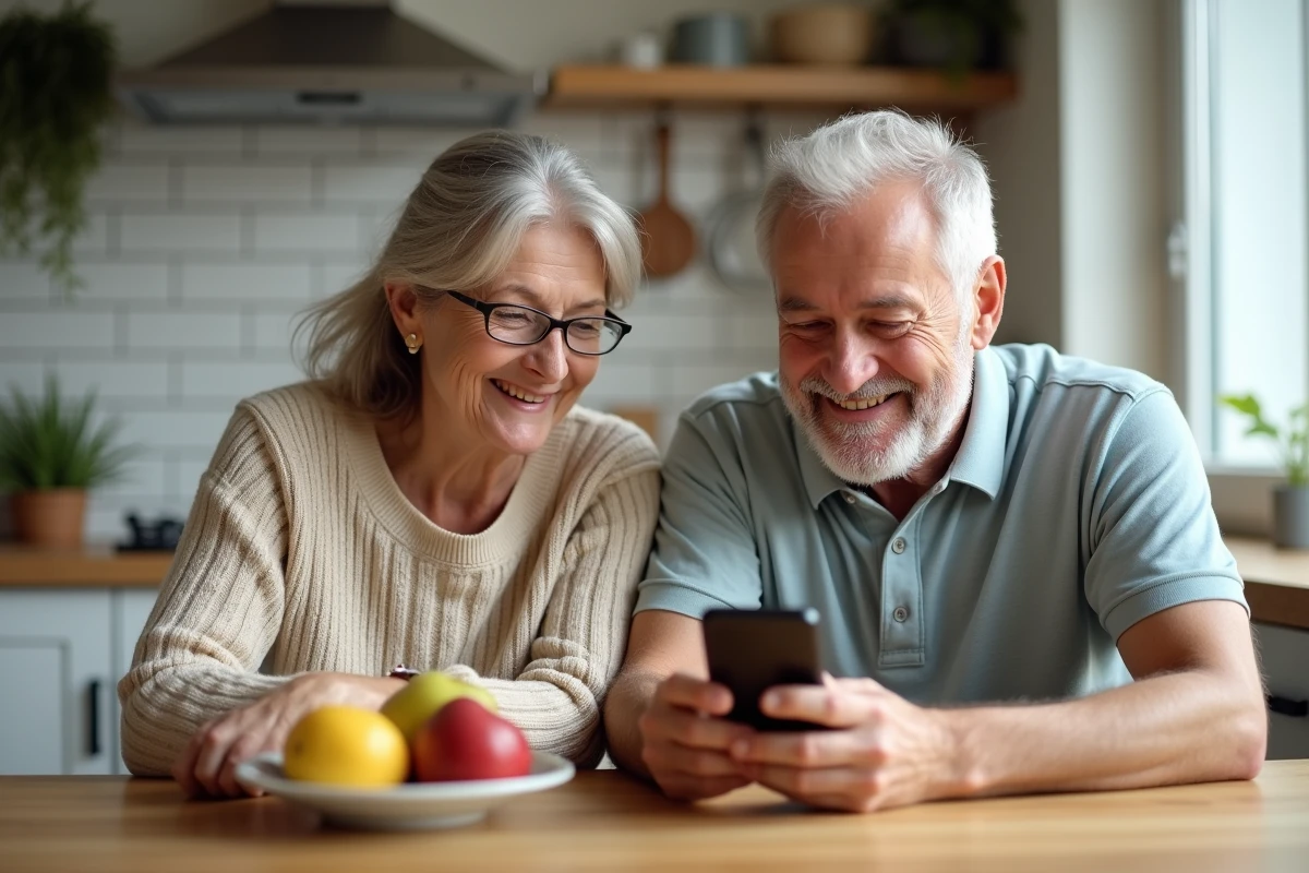 Couple de seniors découvrant ensemble une plateforme de rencontres senior sur un smartphone dans une cuisine conviviale