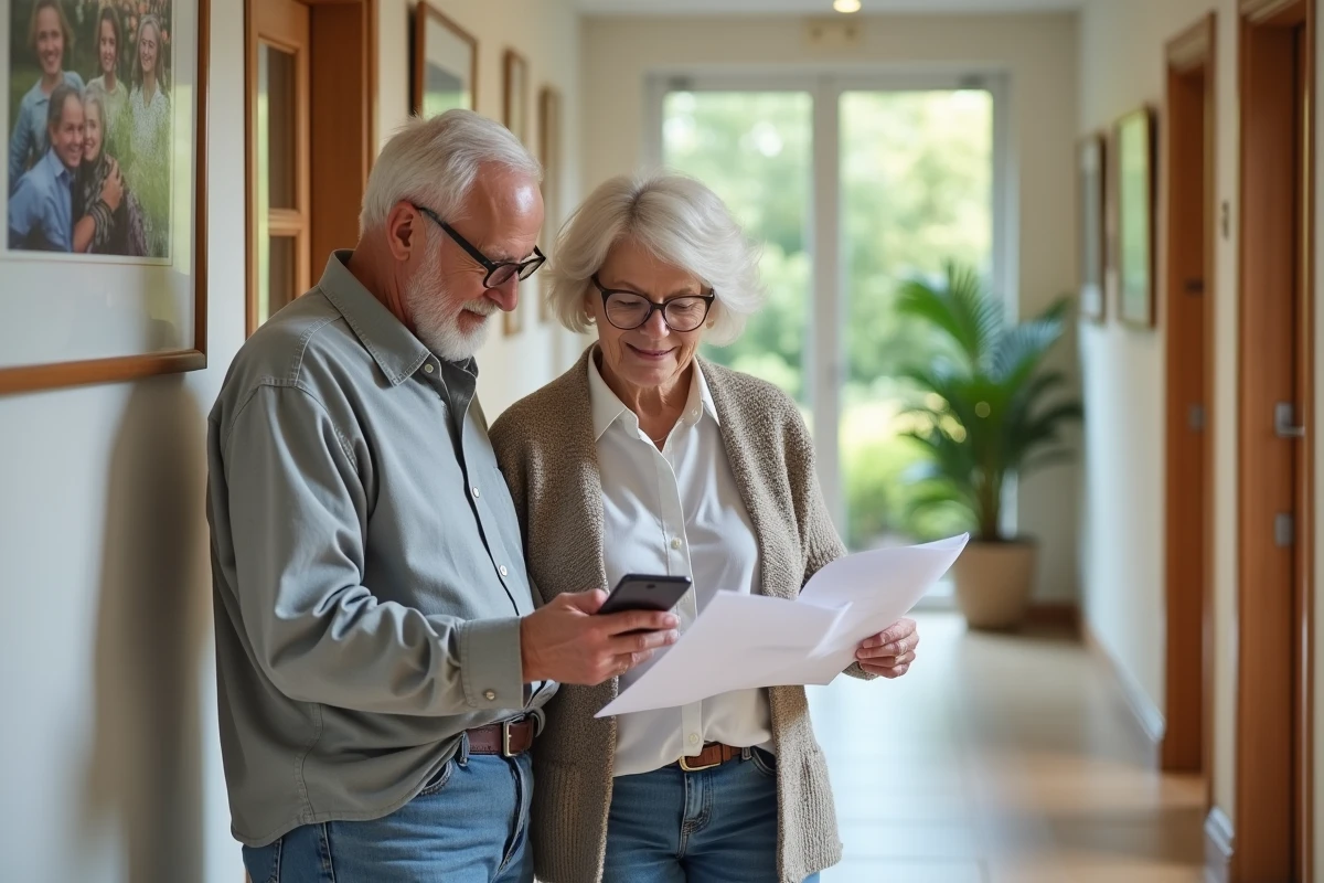 Un couple étudie les informations d'une maison de retraite lors d'une visite préparée grâce à un outil de sélection en ligne