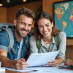 Couple souriant avec agent de voyage dans agence moderne