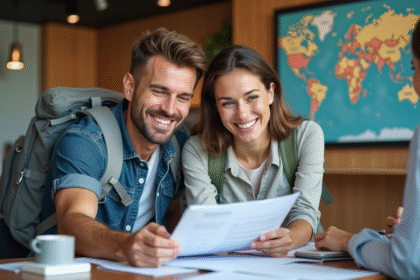 Couple souriant avec agent de voyage dans agence moderne