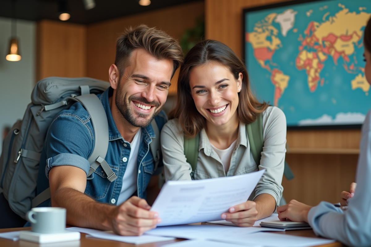 Couple souriant avec agent de voyage dans agence moderne