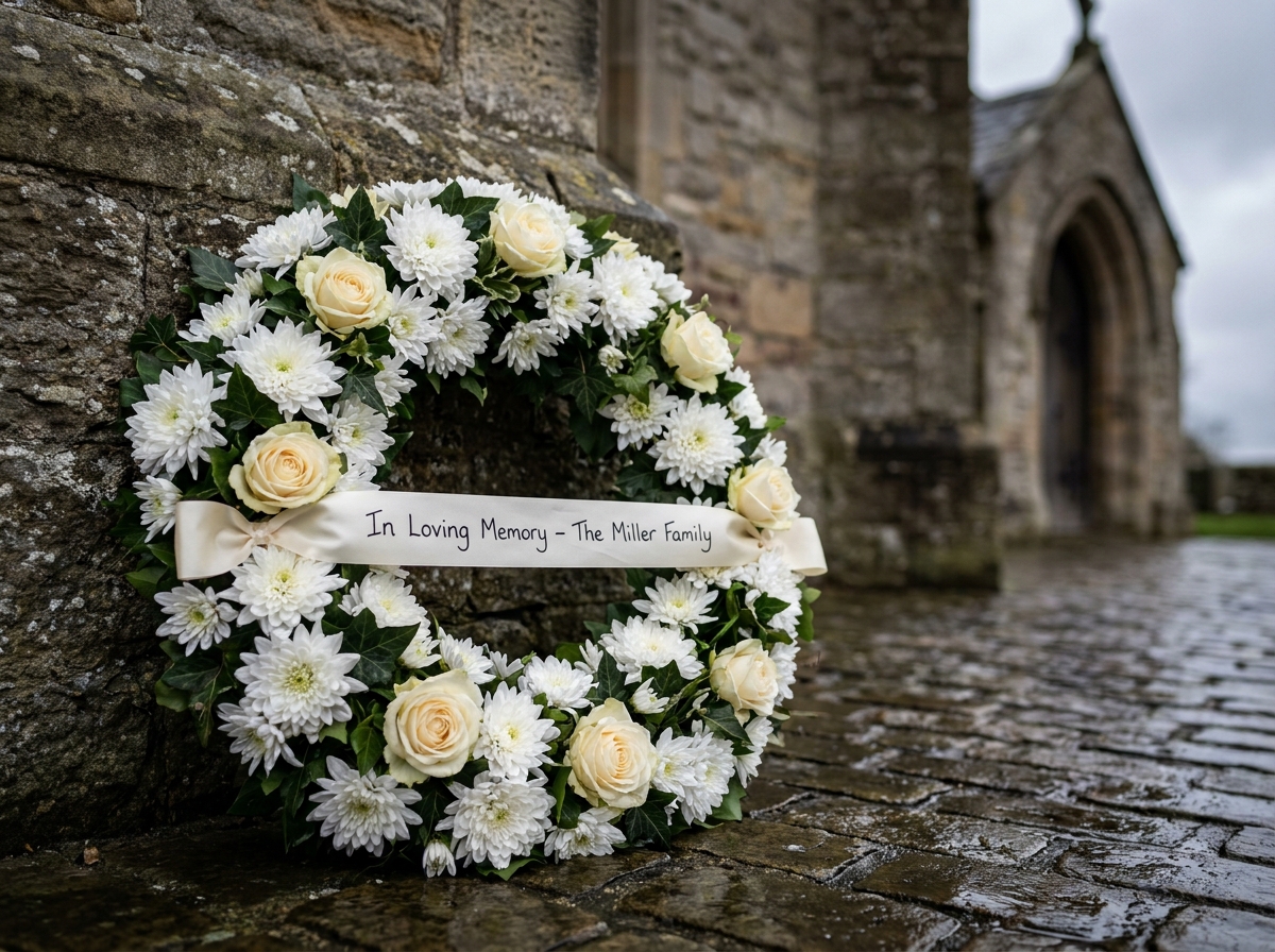 Couronne funéraire ronde en chrysanthèmes blancs et roses pâles avec un ruban de dédicace, appuyée contre un mur d'église en pierre