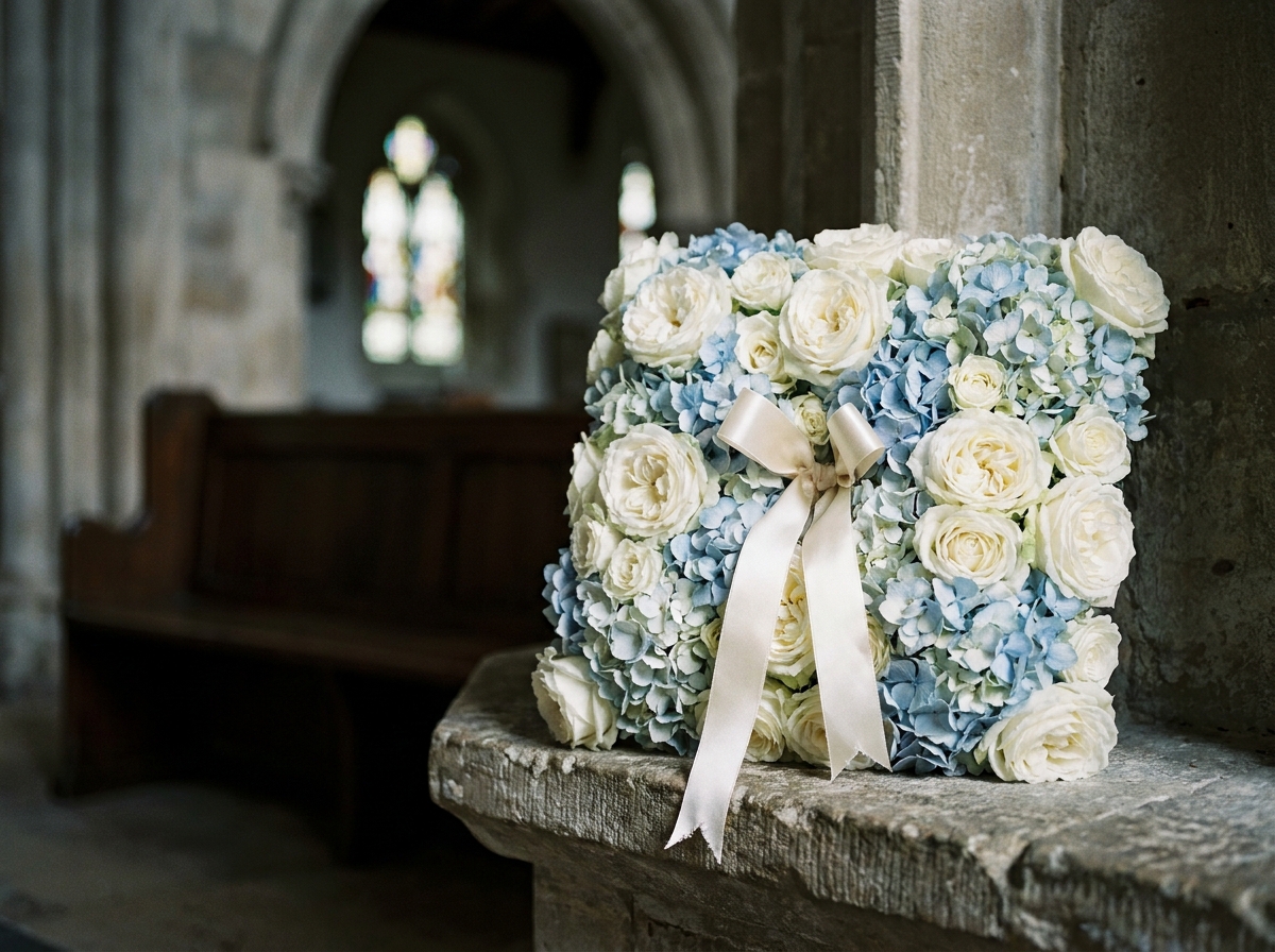 Coussin funéraire carré composé de roses blanches serrées et d'hortensias bleu pâle avec un ruban crème, posé sur un rebord en pierre dans une chapelle