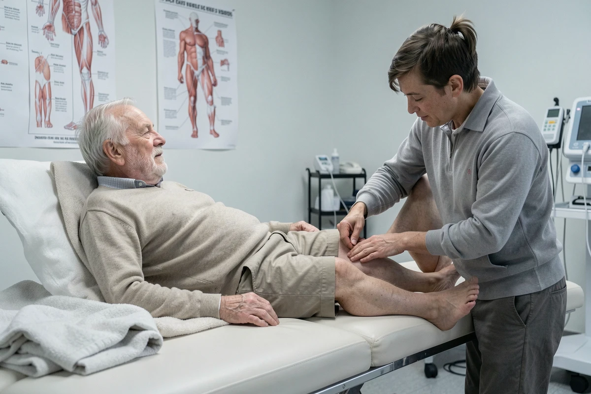 Kinésithérapeute examinant le mollet d'un homme âgé souffrant de crampes musculaires dues à une hypokaliémie