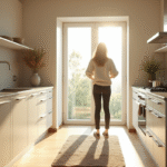 Cuisine moderne avec personne sur tapis antidérapant lumineux