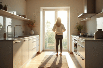 Cuisine moderne avec personne sur tapis antidérapant lumineux