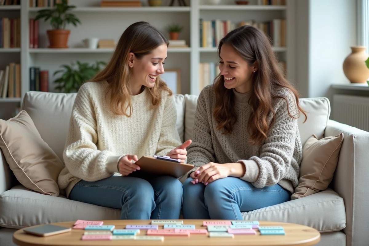 Deux femmes souriantes construisant ensemble un texte collectif en choisissant des mots parmi des cartes colorées posées sur une table basse lors d'un atelier de jeu d'écriture en équipe