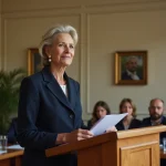 Femme en retraite lisant un discours émouvant devant ses collègues lors d'un pot de départ