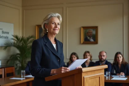 Femme en retraite lisant un discours émouvant devant ses collègues lors d'un pot de départ