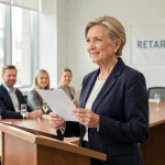 Femme d'une soixantaine d'années prononçant un discours de départ en retraite devant ses collègues dans une salle de réunion moderne