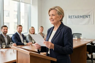 Femme d'une soixantaine d'années prononçant un discours de départ en retraite devant ses collègues dans une salle de réunion moderne