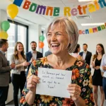 Femme à la retraite tenant un discours humoristique lors d'une fête de départ au bureau décorée de ballons et guirlandes