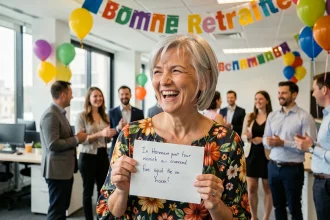 Femme à la retraite tenant un discours humoristique lors d'une fête de départ au bureau décorée de ballons et guirlandes
