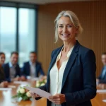 Femme souriante à la retraite prononçant un discours de remerciement devant ses collègues en salle de réunion