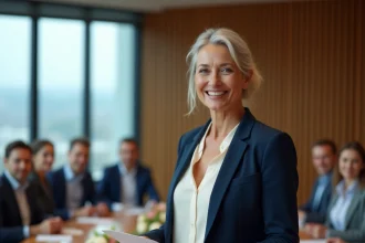 Femme souriante à la retraite prononçant un discours de remerciement devant ses collègues en salle de réunion