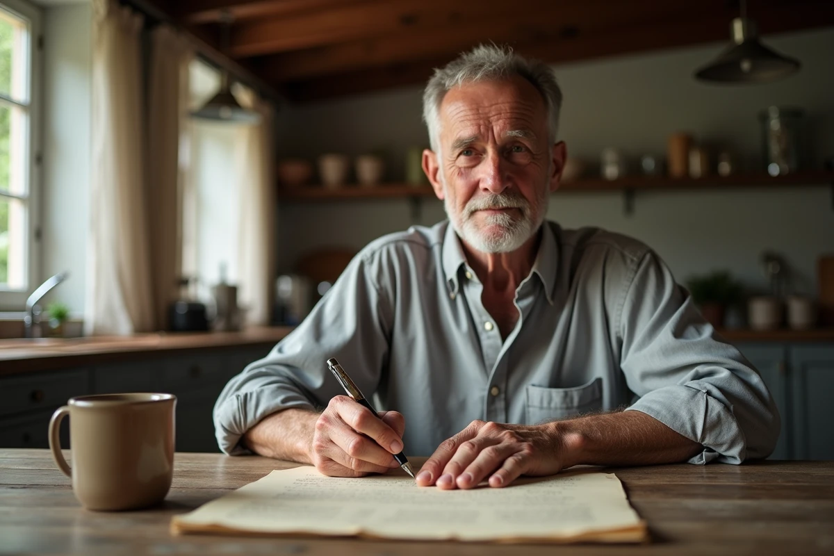 Homme écrivant un texte de départ à la retraite à la main, assis seul dans une cuisine rustique