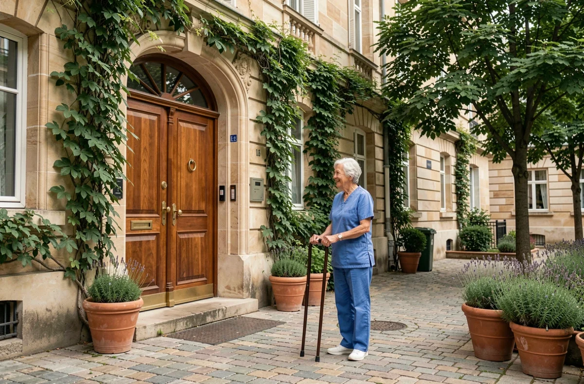 Façade classique de l'EHPAD Adélaïde Hautval à Paris avec son entrée accueillante et son jardin intérieur