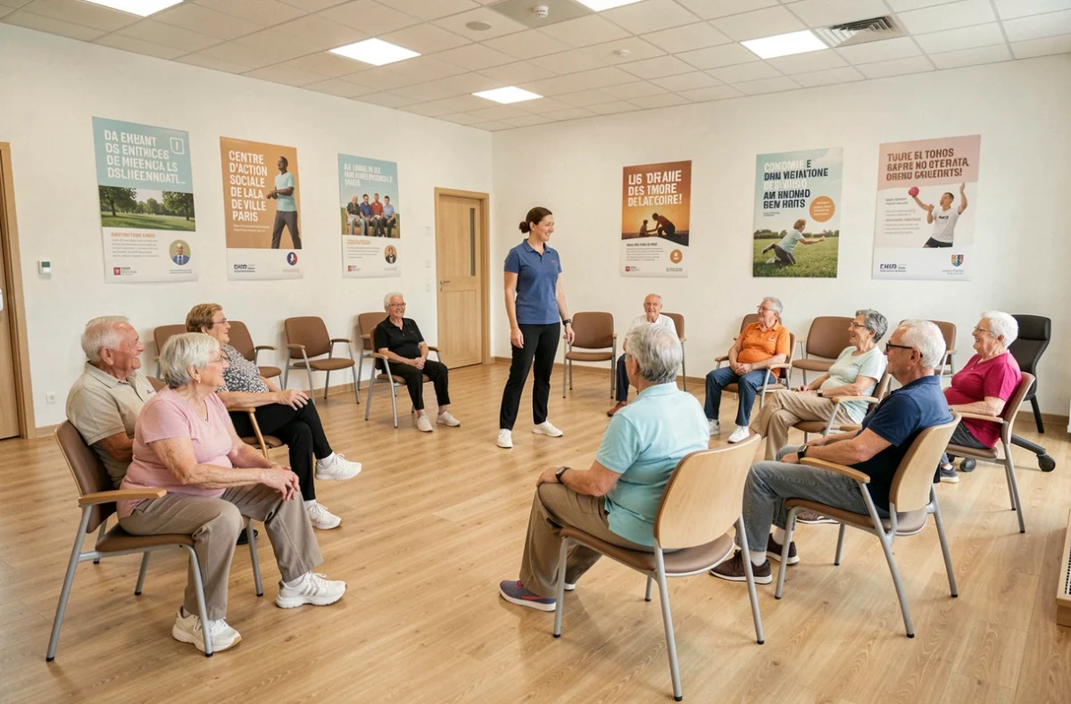 Séance d'activité physique douce dans un EHPAD du CASVP de Paris avec un groupe de résidents souriants