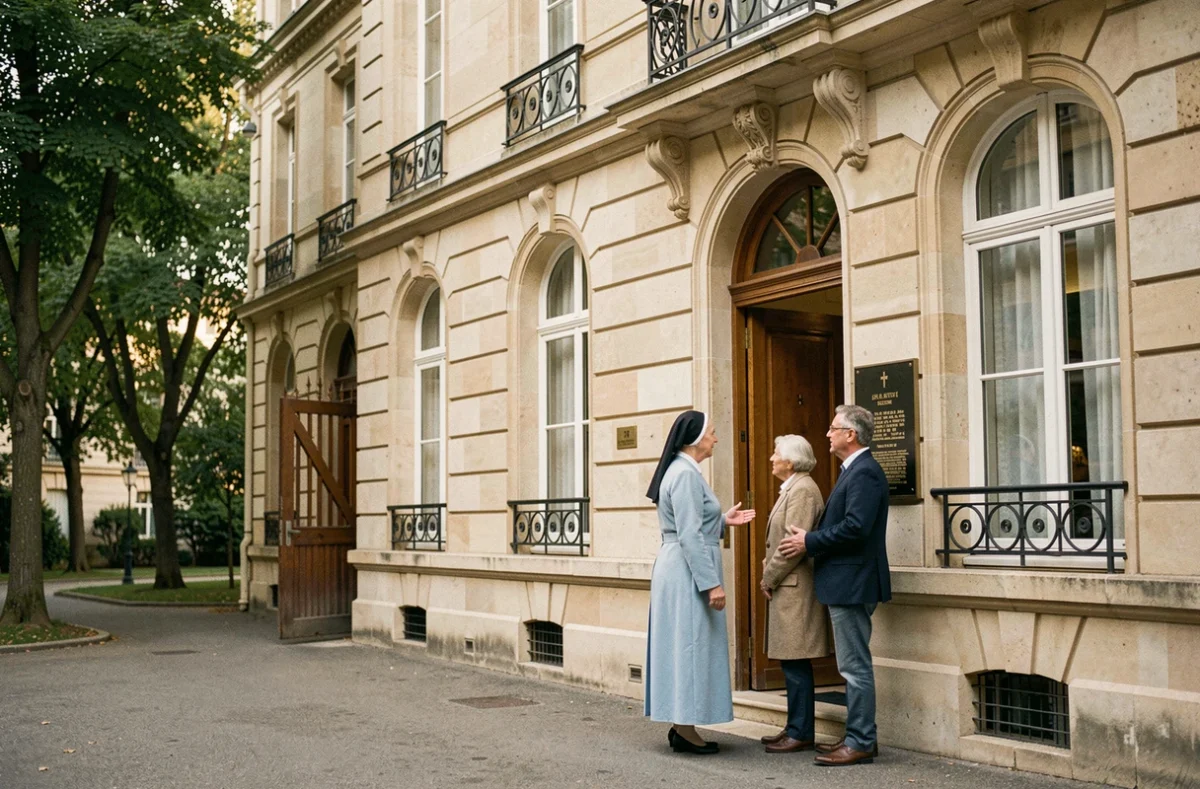 Façade patrimoniale et cour intérieure apaisante de l'EHPAD Sainte Geneviève à Paris