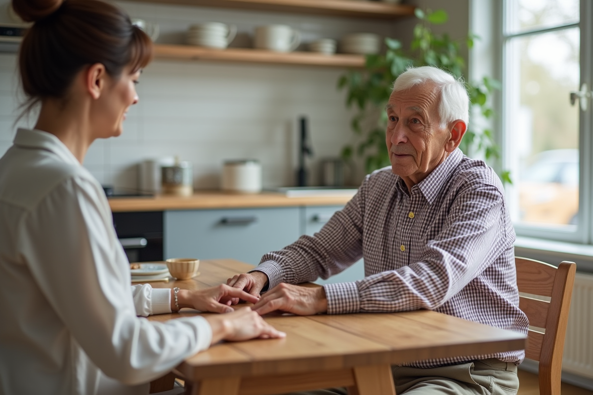 Homme âgé assis à la table avec une femme installant des protections