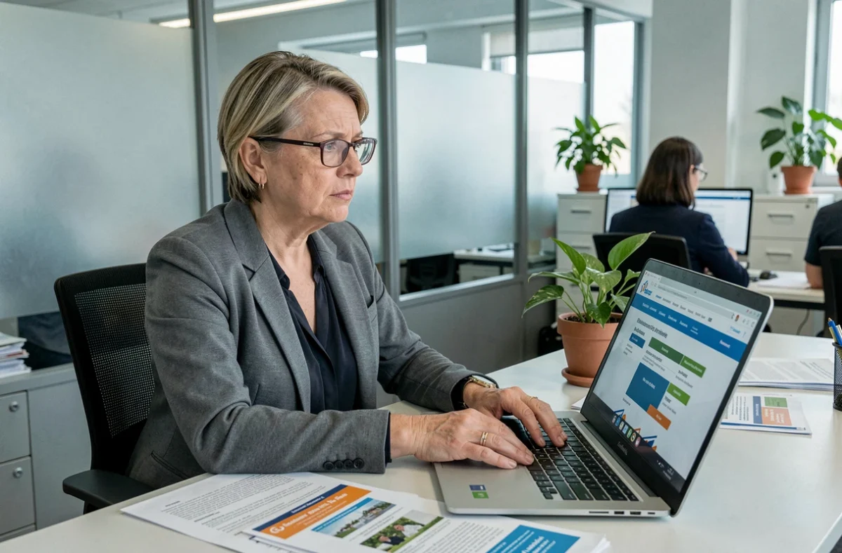 Employée administrative française étudiant les dispositifs CFA et carrière longue pour préparer sa retraite anticipée au bureau