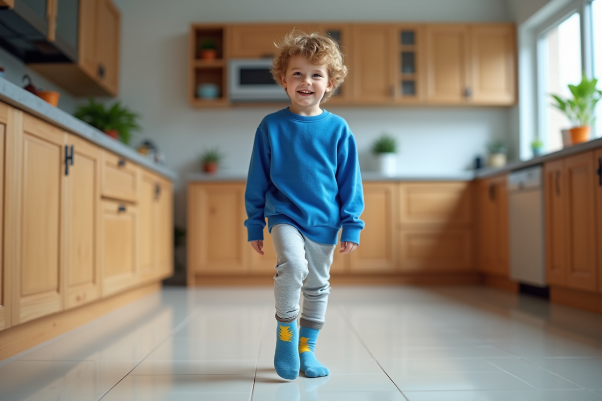Jeune garçon montrant la semelle antidérapante de ses chaussettes dans la cuisine