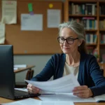 Enseignante expérimentée consultant l'interface Scolinfo sur son ordinateur portable dans la salle des professeurs